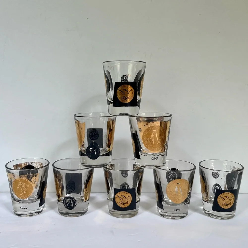 8 VTG Shot Glasses MCM Cera Glass Coins Gold Black Barware Mid-century Modern